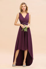 Chic Hi-Lo V Neck Ruffle Bridesmaid Dress with Beading Sash-Babyonlines