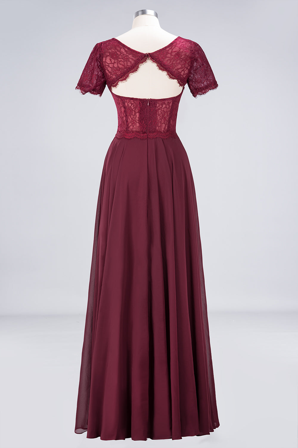 Chic Lace Long Burgundy Backless Bridesmaid Dress With Short-Sleeves-Babyonlines
