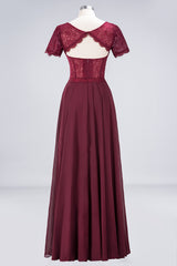 Chic Lace Long Burgundy Backless Bridesmaid Dress With Short-Sleeves-Babyonlines