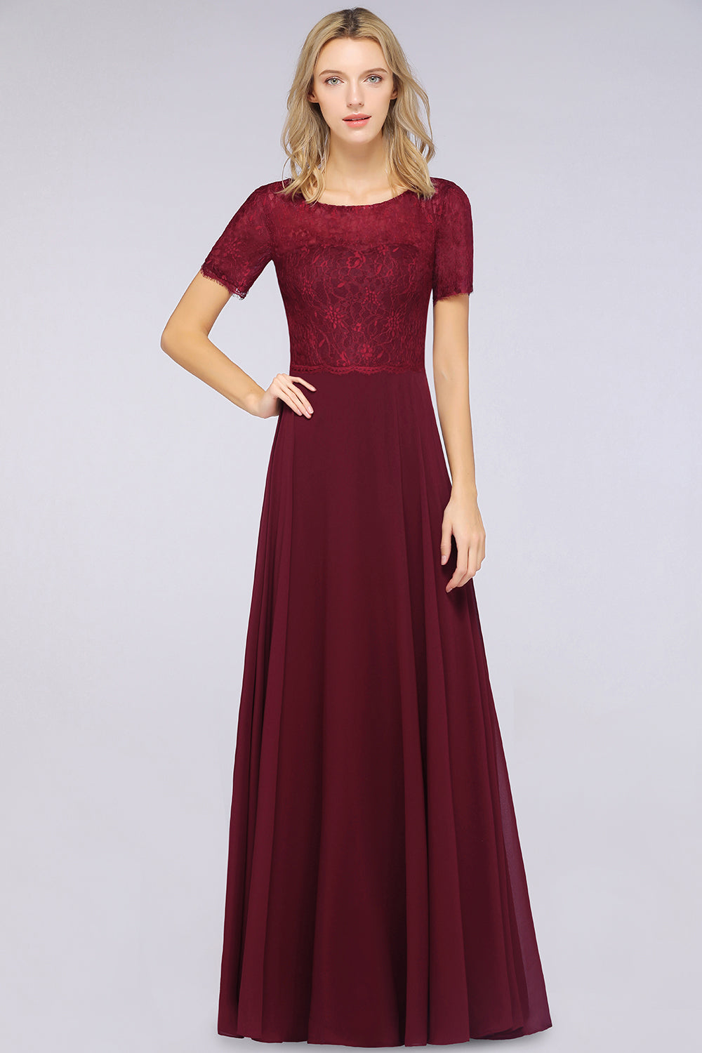 Chic Lace Long Burgundy Backless Bridesmaid Dress With Short-Sleeves-Babyonlines