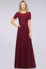 Chic Lace Long Burgundy Backless Bridesmaid Dress With Short-Sleeves-Babyonlines