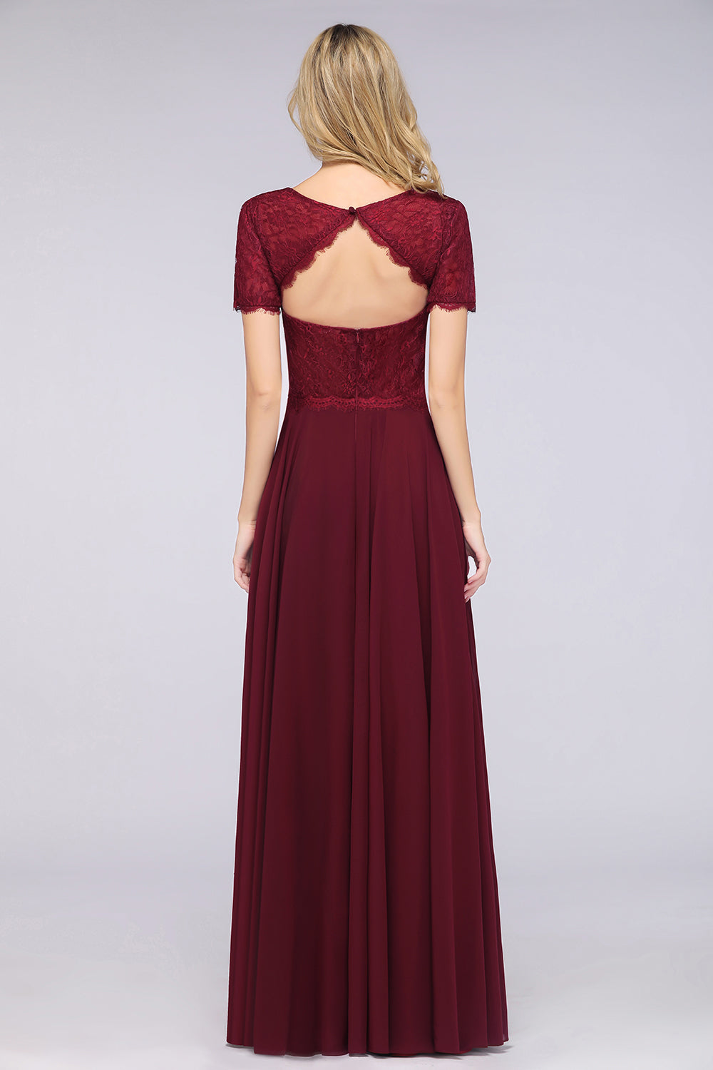 Chic Lace Long Burgundy Backless Bridesmaid Dress With Short-Sleeves-Babyonlines