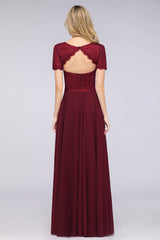 Chic Lace Long Burgundy Backless Bridesmaid Dress With Short-Sleeves-Babyonlines
