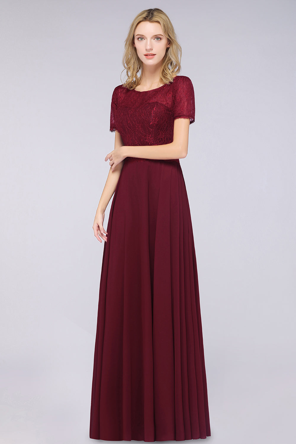 Chic Lace Long Burgundy Backless Bridesmaid Dress With Short-Sleeves-Babyonlines