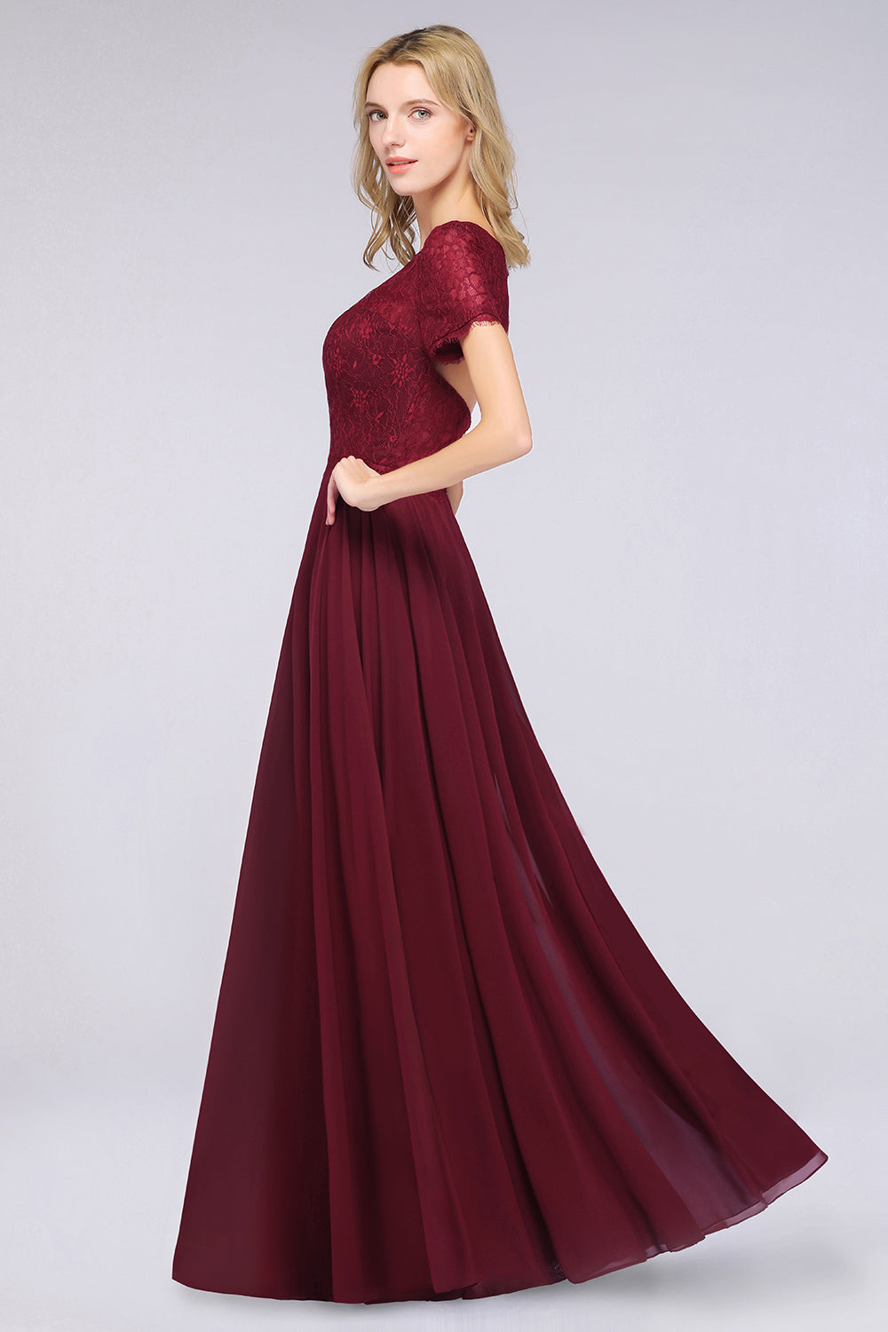 Chic Lace Long Burgundy Backless Bridesmaid Dress With Short-Sleeves-Babyonlines