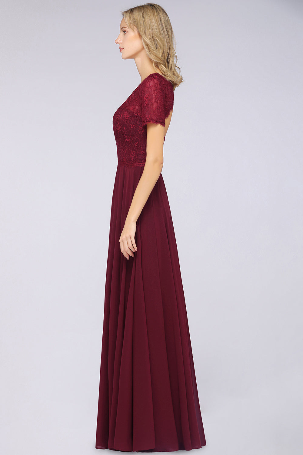 Chic Lace Long Burgundy Backless Bridesmaid Dress With Short-Sleeves-Babyonlines