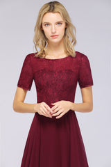 Chic Lace Long Burgundy Backless Bridesmaid Dress With Short-Sleeves-Babyonlines