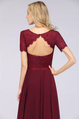 Chic Lace Long Burgundy Backless Bridesmaid Dress With Short-Sleeves-Babyonlines
