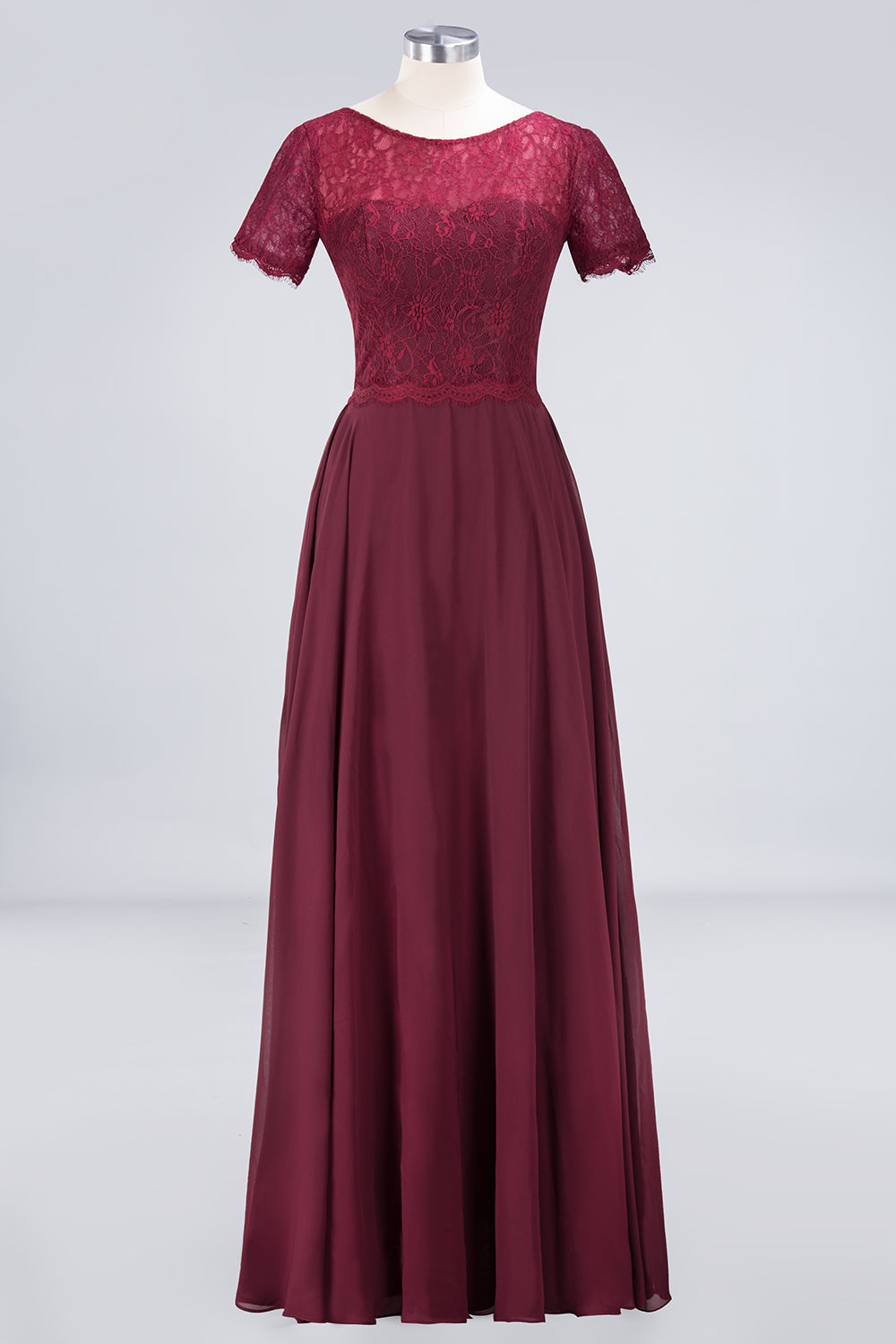 Chic Lace Long Burgundy Backless Bridesmaid Dress With Short-Sleeves-Babyonlines