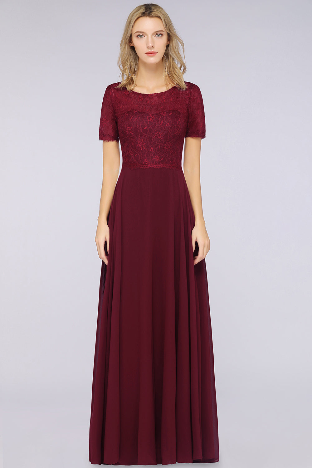 Chic Lace Long Burgundy Backless Bridesmaid Dress With Short-Sleeves-Babyonlines