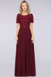 Chic Lace Long Burgundy Backless Bridesmaid Dress With Short-Sleeves-Babyonlines