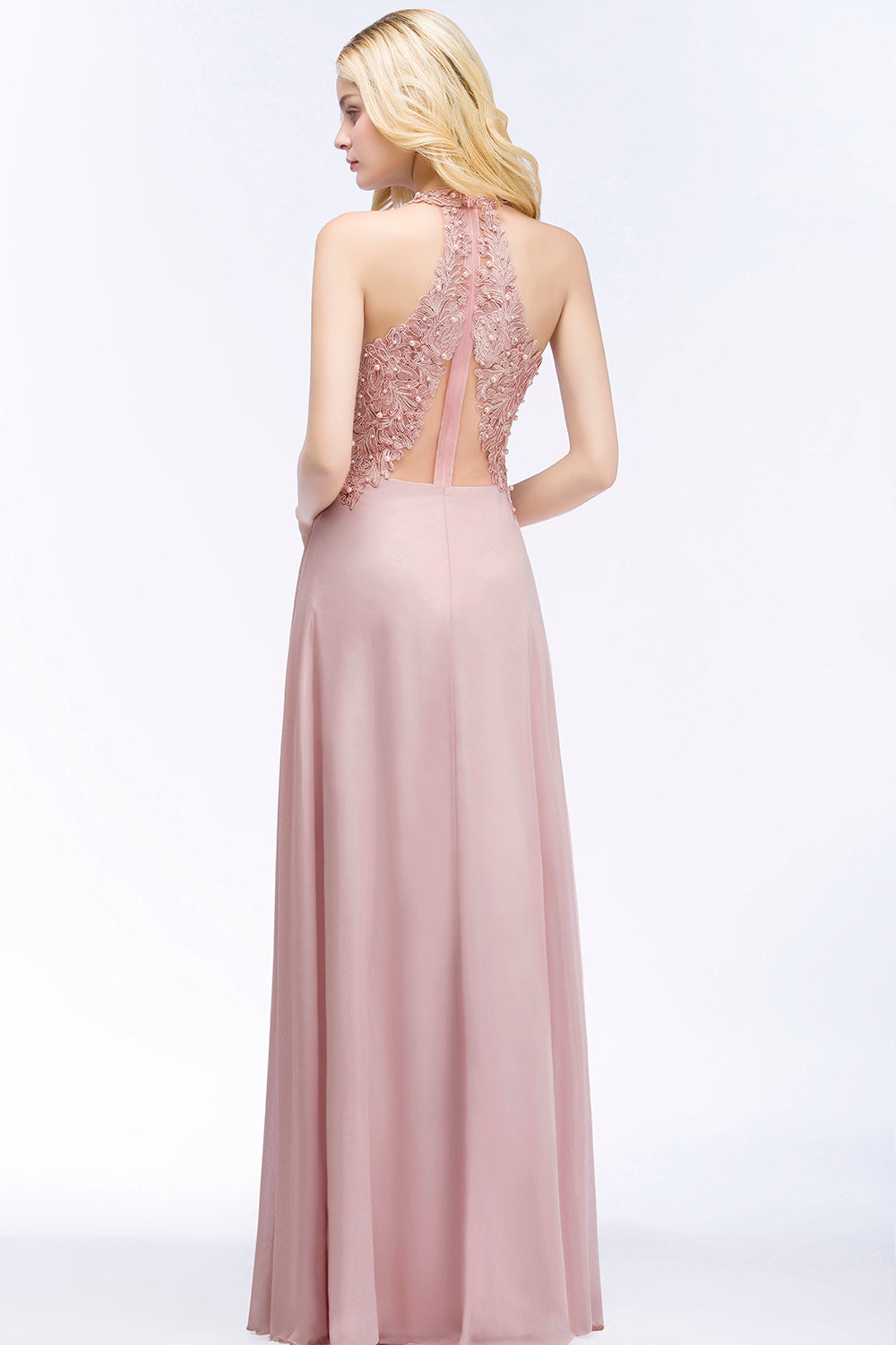 Chic Lace V-neck Pink Chiffon Bridesmaid Dress with Pearls-Babyonlines
