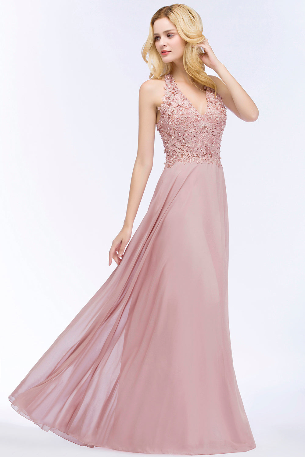 Chic Lace V-neck Pink Chiffon Bridesmaid Dress with Pearls-Babyonlines