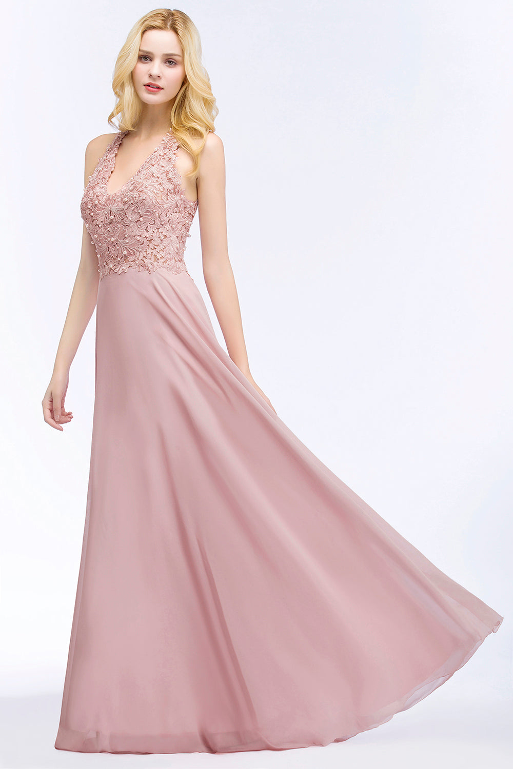 Chic Lace V-neck Pink Chiffon Bridesmaid Dress with Pearls-Babyonlines