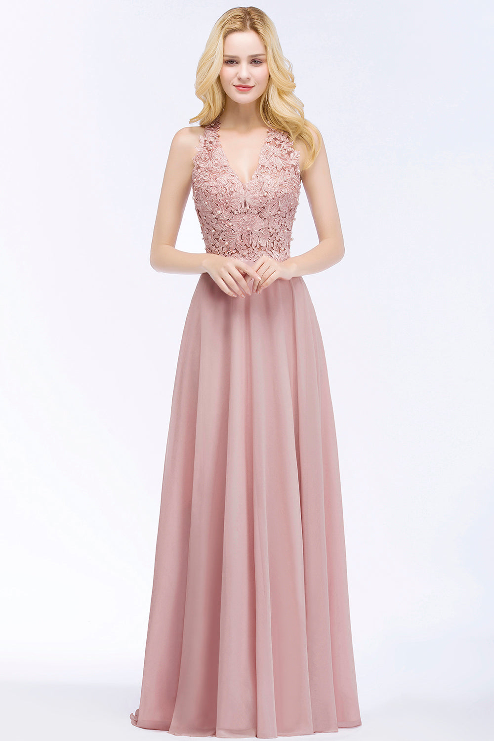 Chic Lace V-neck Pink Chiffon Bridesmaid Dress with Pearls-Babyonlines