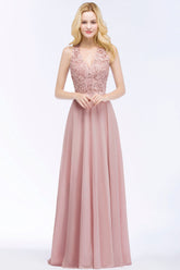 Chic Lace V-neck Pink Chiffon Bridesmaid Dress with Pearls-Babyonlines