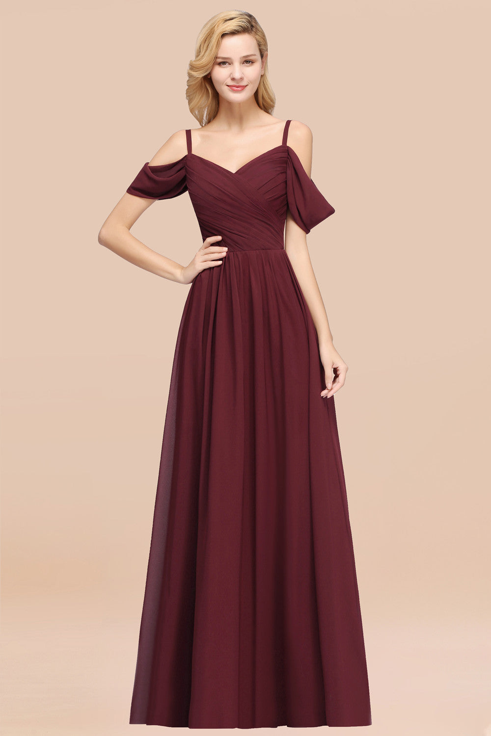 Chic Off-the-shoulder Burgundy Bridesmaid Dress with Spaghetti Straps-Babyonlines