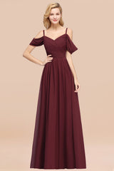 Chic Off-the-shoulder Burgundy Bridesmaid Dress with Spaghetti Straps-Babyonlines