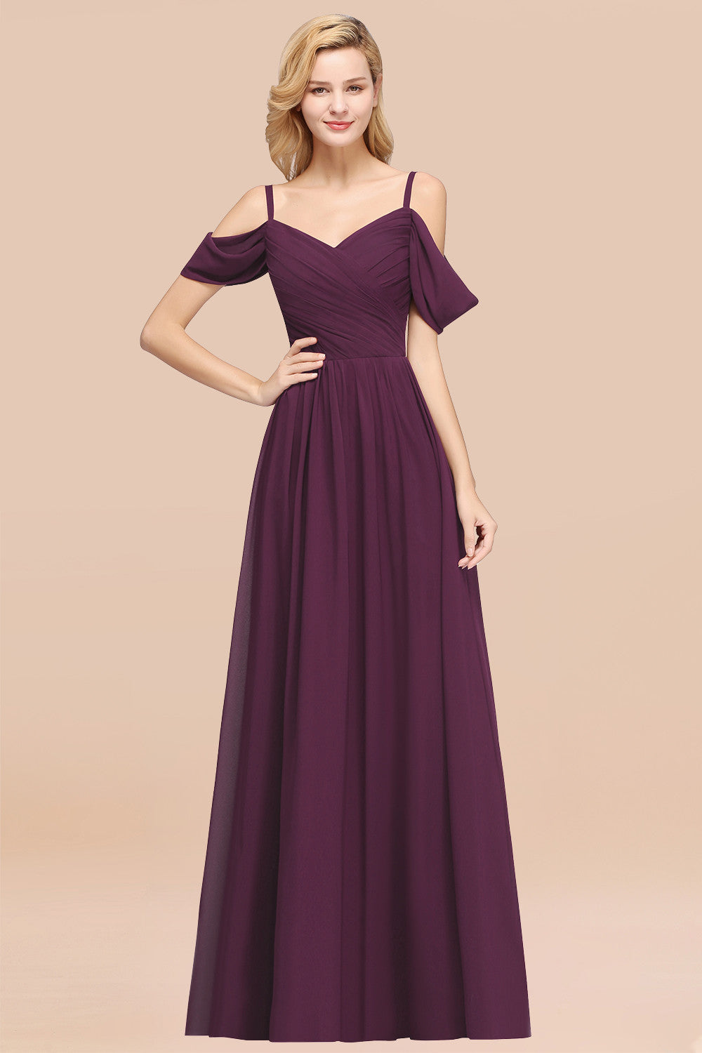 Chic Off-the-shoulder Burgundy Bridesmaid Dress with Spaghetti Straps-Babyonlines