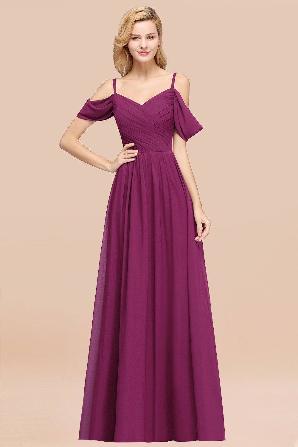 Chic Off-the-shoulder Burgundy Bridesmaid Dress with Spaghetti Straps-Babyonlines