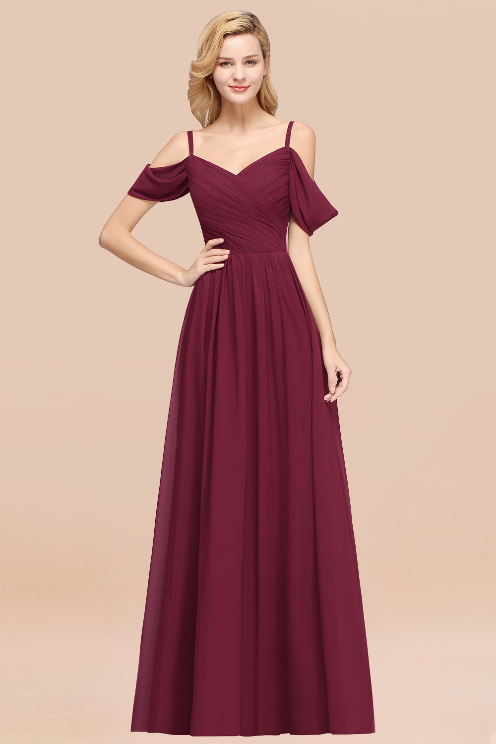 Chic Off-the-shoulder Burgundy Bridesmaid Dress with Spaghetti Straps-Babyonlines