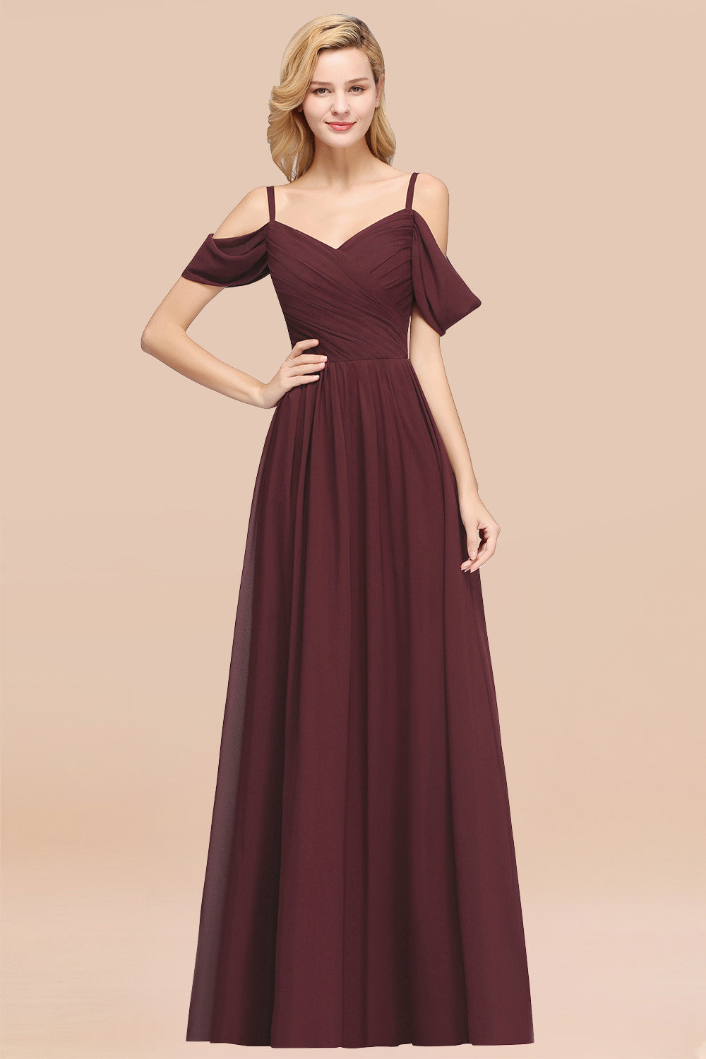 Chic Off-the-shoulder Burgundy Bridesmaid Dress with Spaghetti Straps-Babyonlines