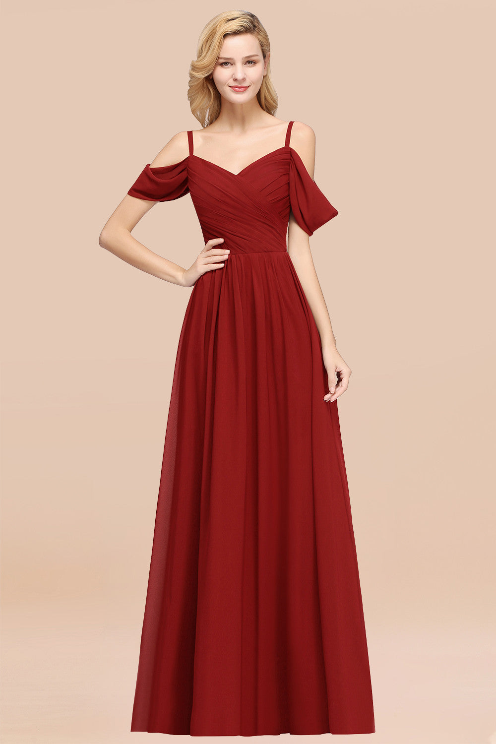Chic Off-the-shoulder Burgundy Bridesmaid Dress with Spaghetti Straps-Babyonlines