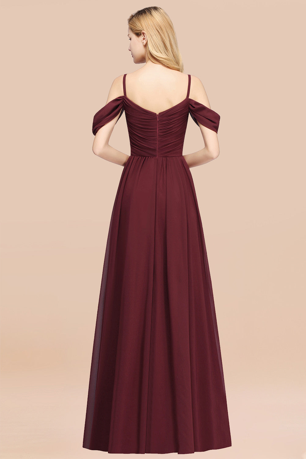 Chic Off-the-shoulder Burgundy Bridesmaid Dress with Spaghetti Straps-Babyonlines