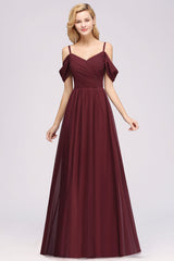Chic Off-the-shoulder Burgundy Bridesmaid Dress with Spaghetti Straps-Babyonlines
