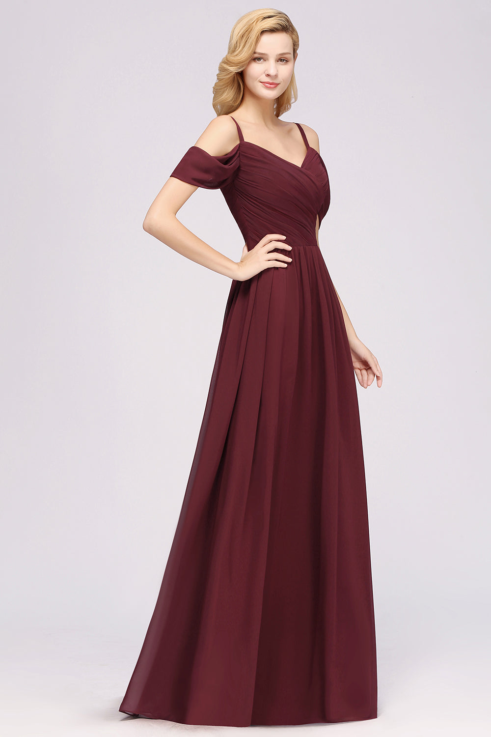 Chic Off-the-shoulder Burgundy Bridesmaid Dress with Spaghetti Straps-Babyonlines