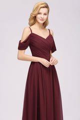 Chic Off-the-shoulder Burgundy Bridesmaid Dress with Spaghetti Straps-Babyonlines