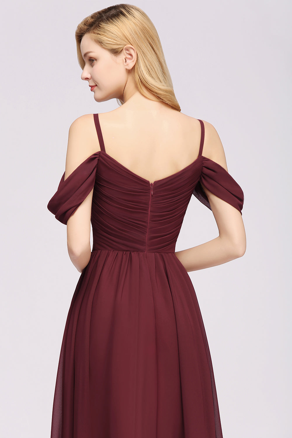 Chic Off-the-shoulder Burgundy Bridesmaid Dress with Spaghetti Straps-Babyonlines