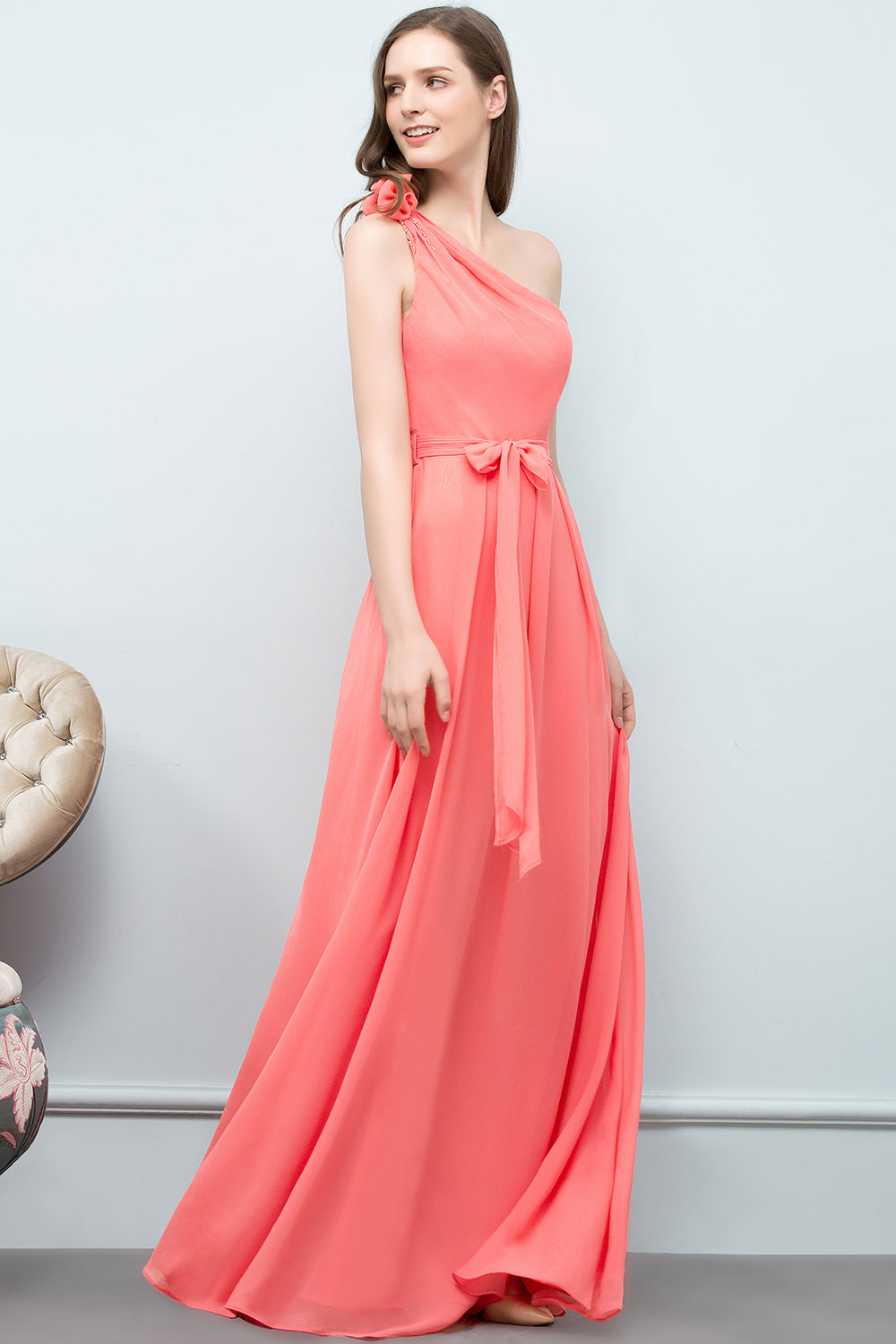 Chic One Shoulder Flower Long Bridesmaid Dresses with Bow Sash-Babyonlines