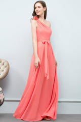 Chic One Shoulder Flower Long Bridesmaid Dresses with Bow Sash-Babyonlines