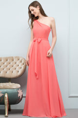 Chic One Shoulder Flower Long Bridesmaid Dresses with Bow Sash-Babyonlines