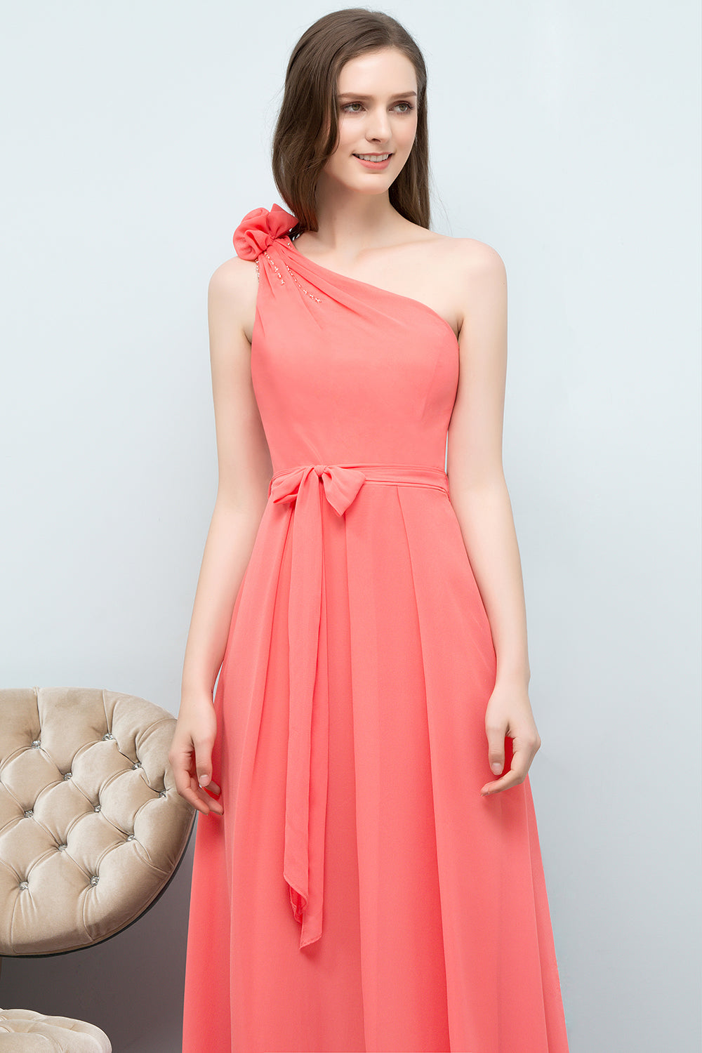 Chic One Shoulder Flower Long Bridesmaid Dresses with Bow Sash-Babyonlines