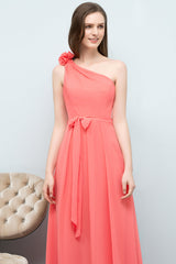 Chic One Shoulder Flower Long Bridesmaid Dresses with Bow Sash-Babyonlines