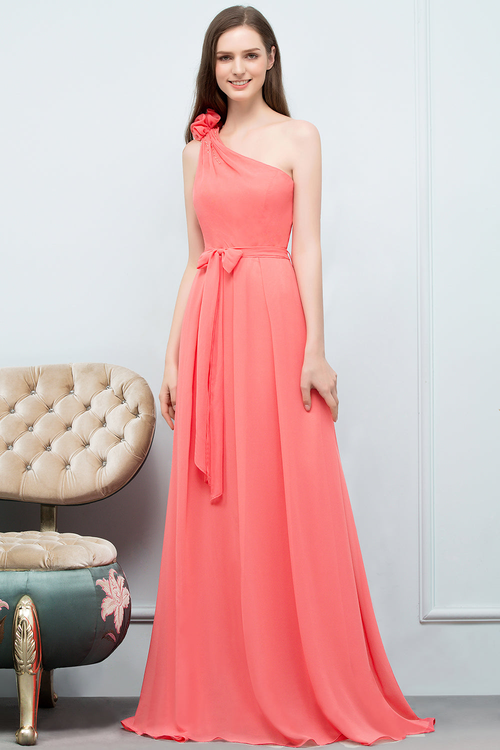 Chic One Shoulder Flower Long Bridesmaid Dresses with Bow Sash-Babyonlines