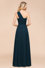 Chic One Shoulder Navy Chiffon Bridesmaid Dresses with Ruffle-Babyonlines