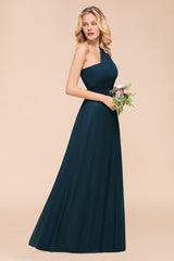 Chic One Shoulder Navy Chiffon Bridesmaid Dresses with Ruffle-Babyonlines
