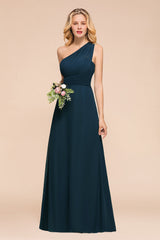 Chic One Shoulder Navy Chiffon Bridesmaid Dresses with Ruffle-Babyonlines