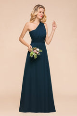 Chic One Shoulder Navy Chiffon Bridesmaid Dresses with Ruffle-Babyonlines