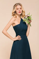 Chic One Shoulder Navy Chiffon Bridesmaid Dresses with Ruffle-Babyonlines