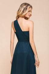 Chic One Shoulder Navy Chiffon Bridesmaid Dresses with Ruffle-Babyonlines