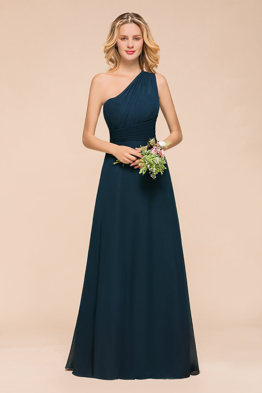 Chic One Shoulder Navy Chiffon Bridesmaid Dresses with Ruffle-Babyonlines