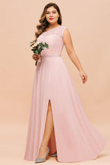 Chic One-Shoulder Pink Lace Bridesmaid Dresses with Slit-Babyonlines