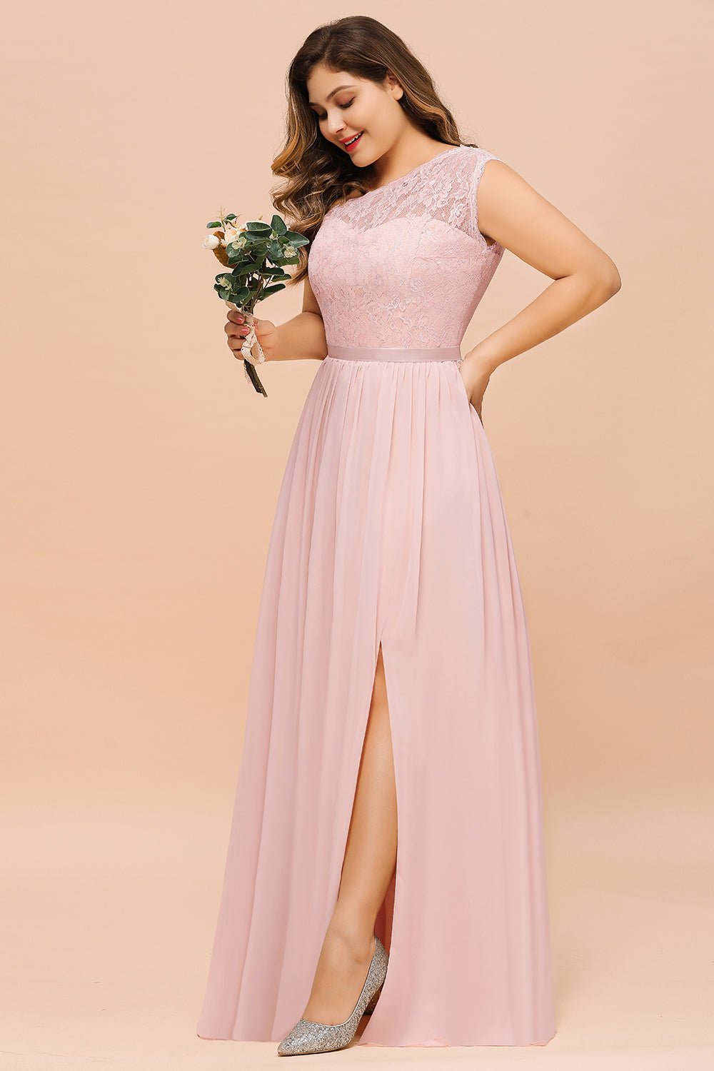 Chic One-Shoulder Pink Lace Bridesmaid Dresses with Slit-Babyonlines