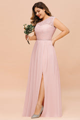 Chic One-Shoulder Pink Lace Bridesmaid Dresses with Slit-Babyonlines