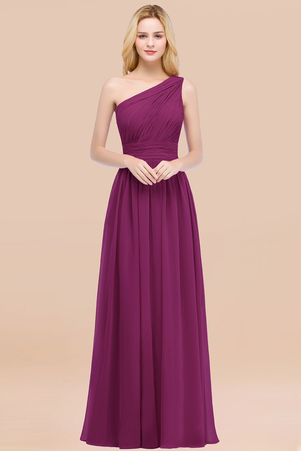 Chic One-shoulder Sleeveless Burgundy Chiffon Bridesmaid Dresses Online-Babyonlines