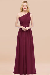 Chic One-shoulder Sleeveless Burgundy Chiffon Bridesmaid Dresses Online-Babyonlines